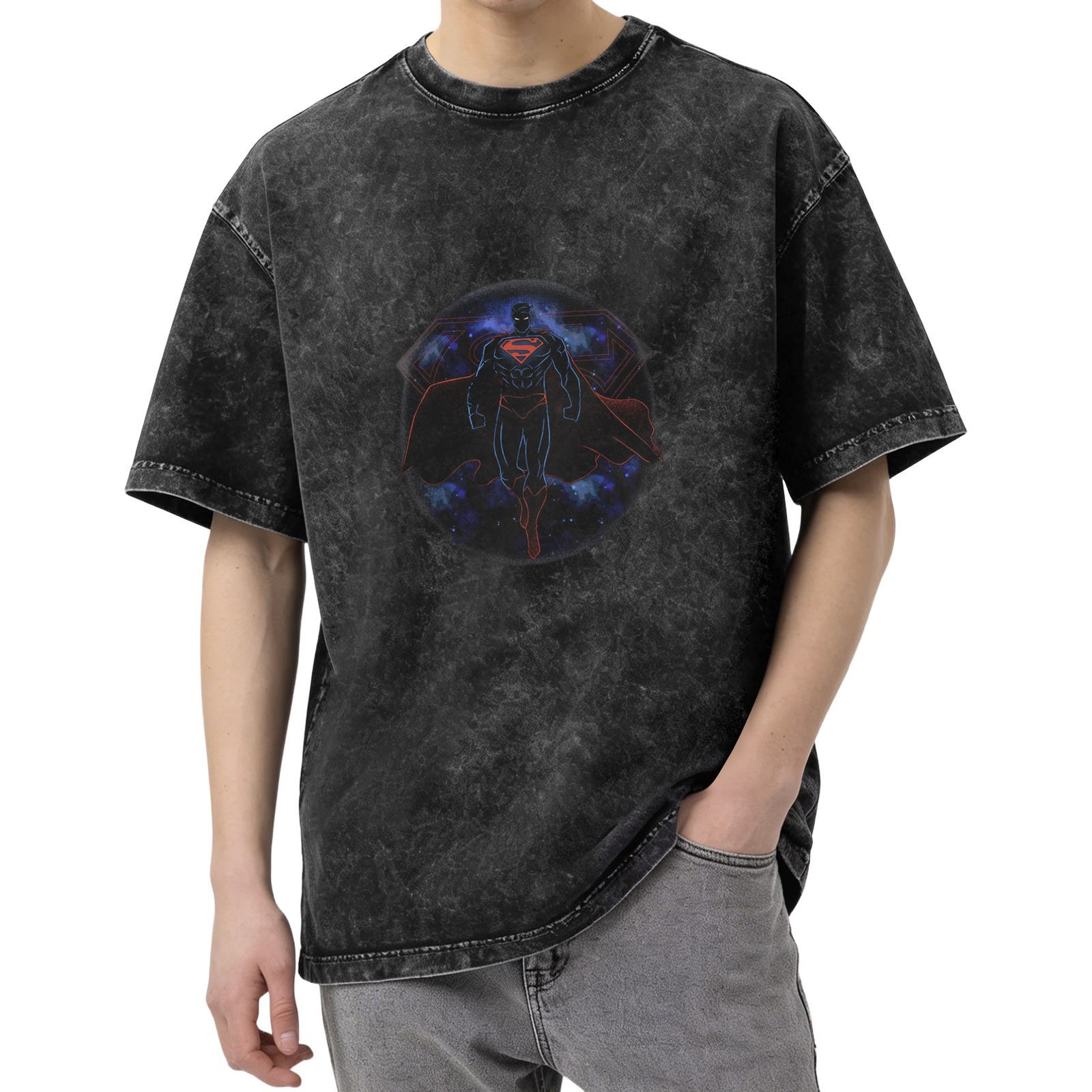 Washed Black Superman Graphic Short Sleeve T-Shirt