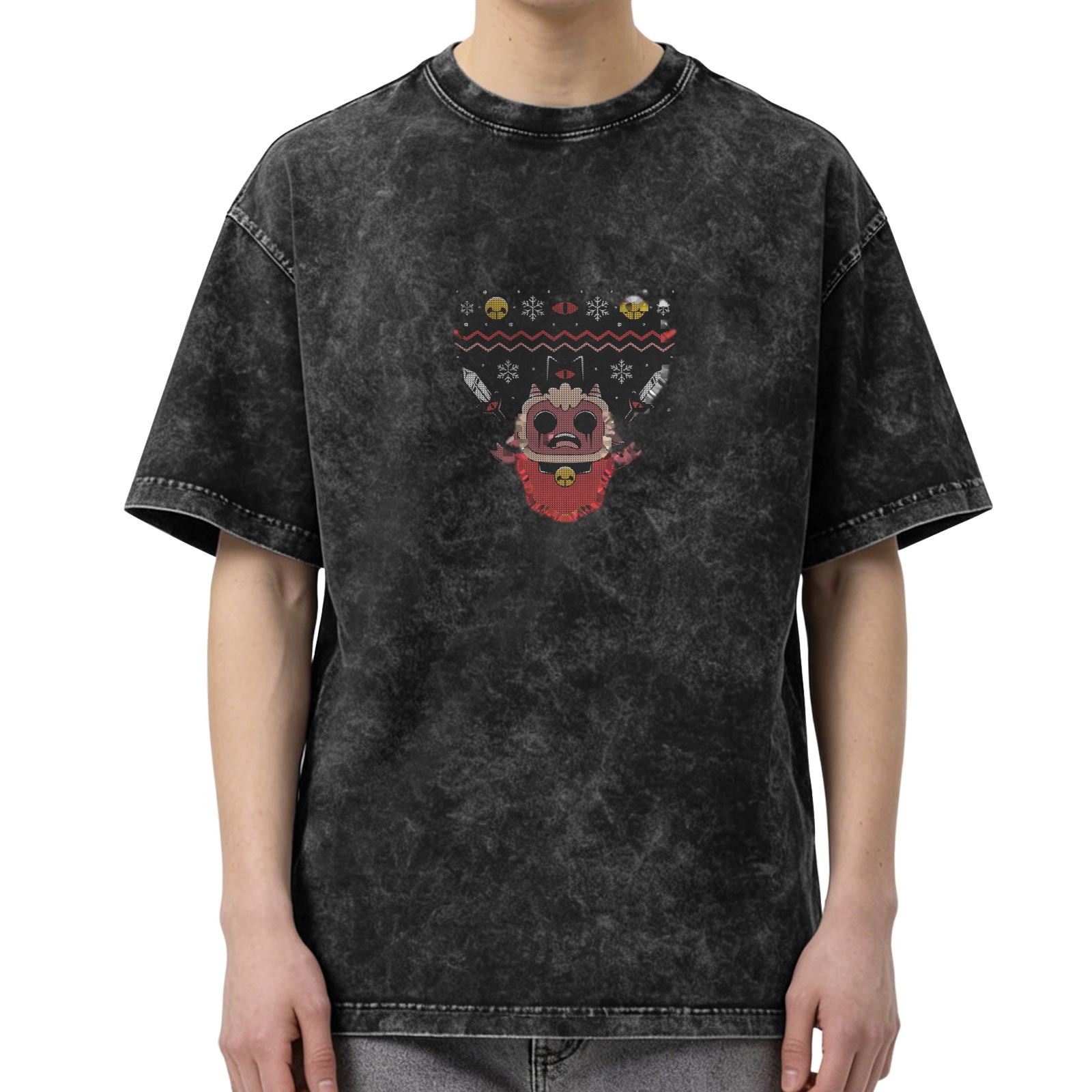 Washed Black T-Shirt With Festive Demon Graphic Print