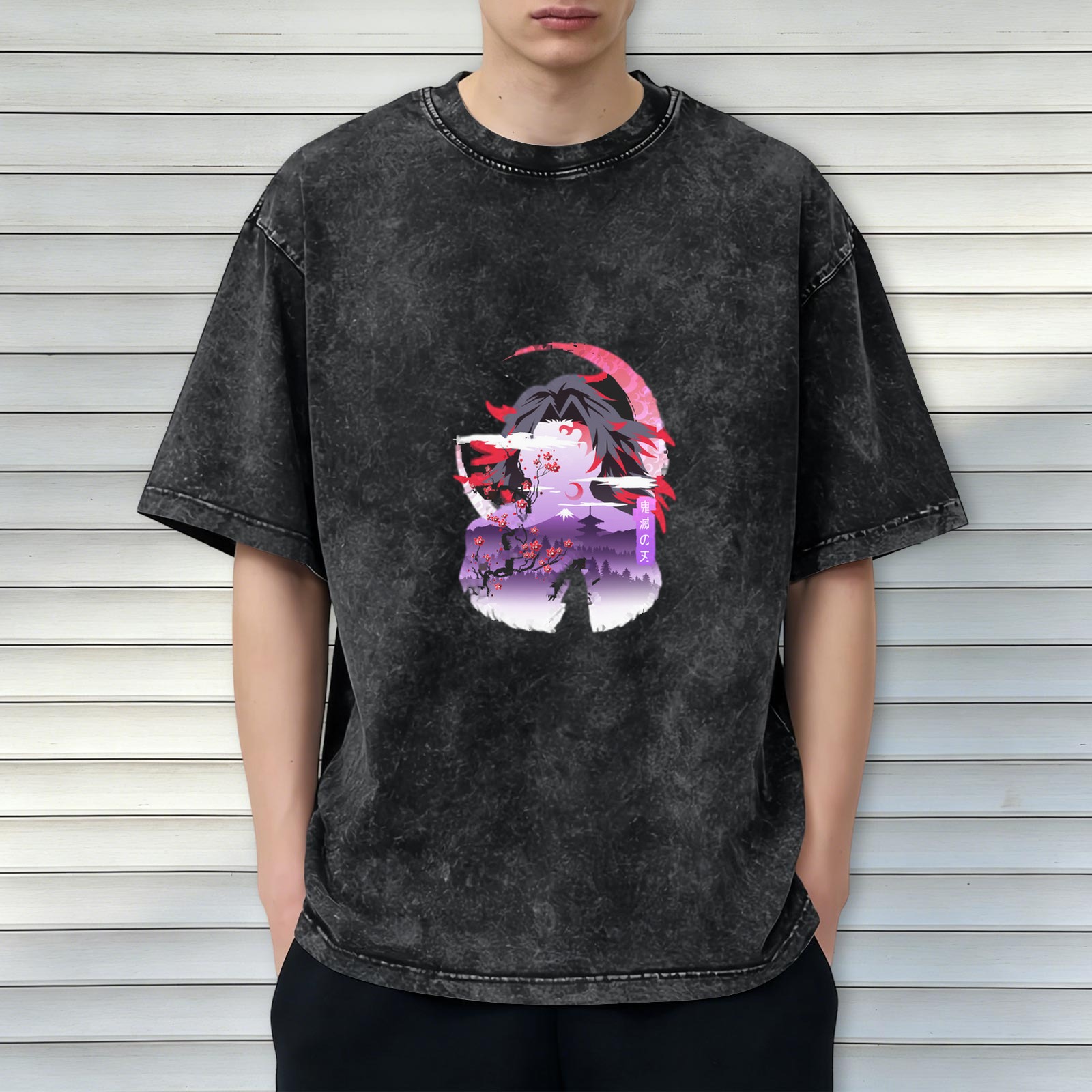 Oversized dark washed anime graphic t-shirt with samurai and cherry blossom design