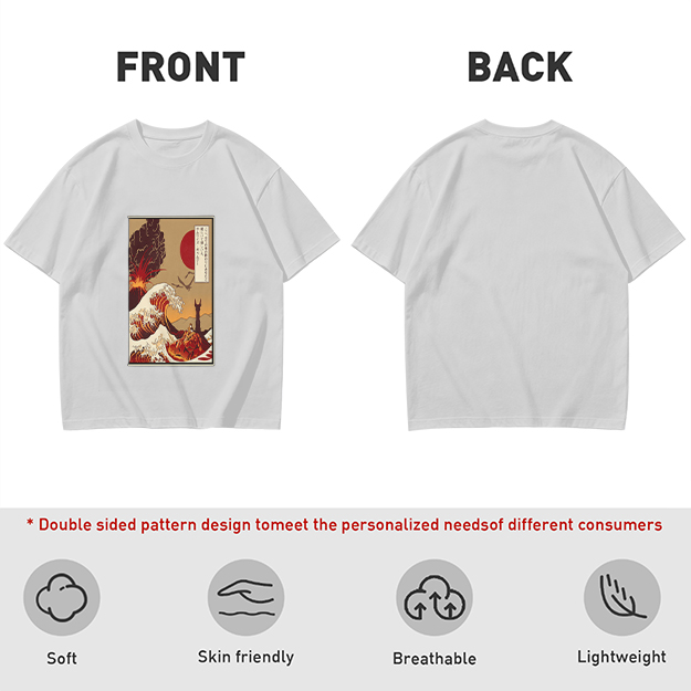 Olive T-Shirt with Ukiyo-e Style Wave and Volcano Print