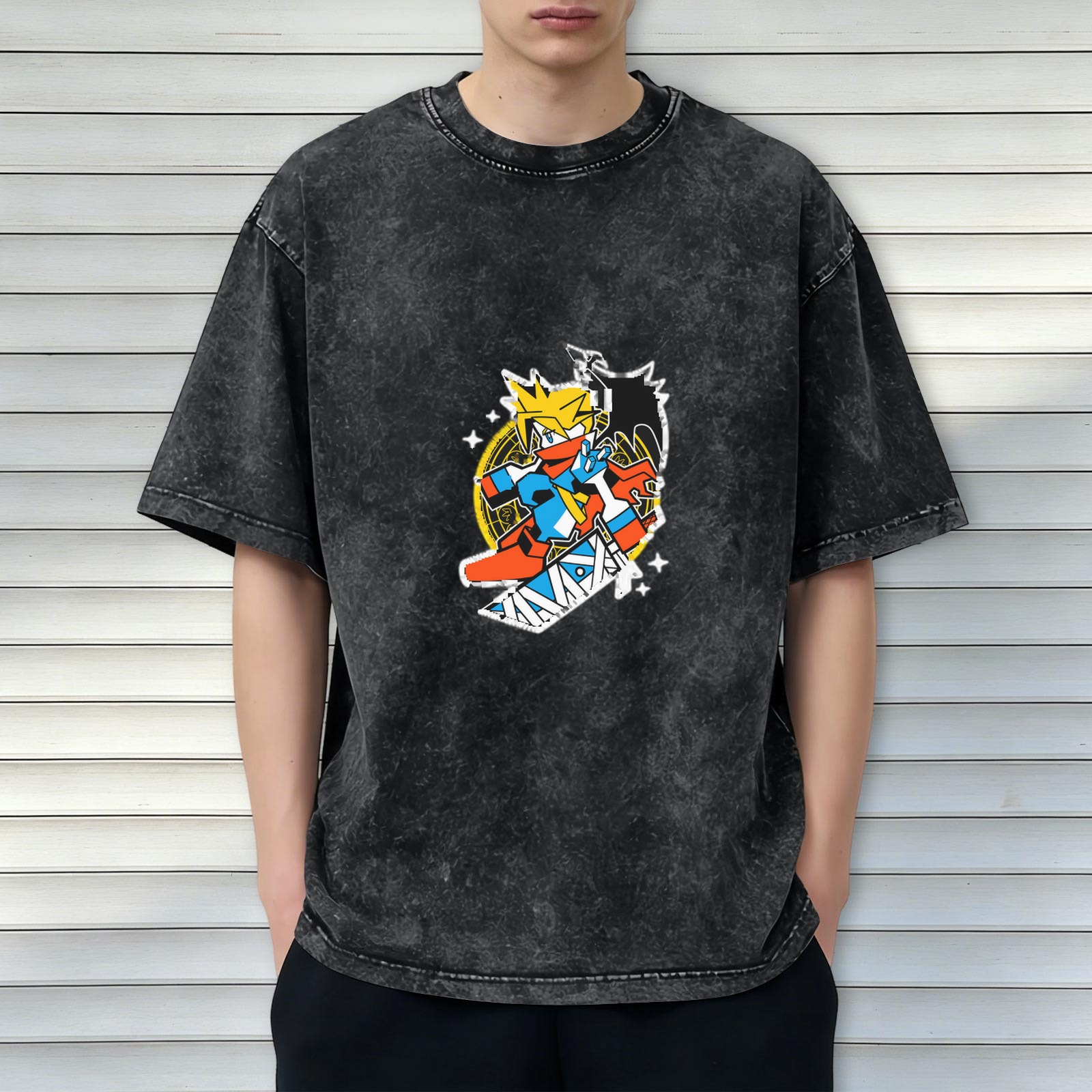 Washed black oversized t-shirt with anime-style graphic print