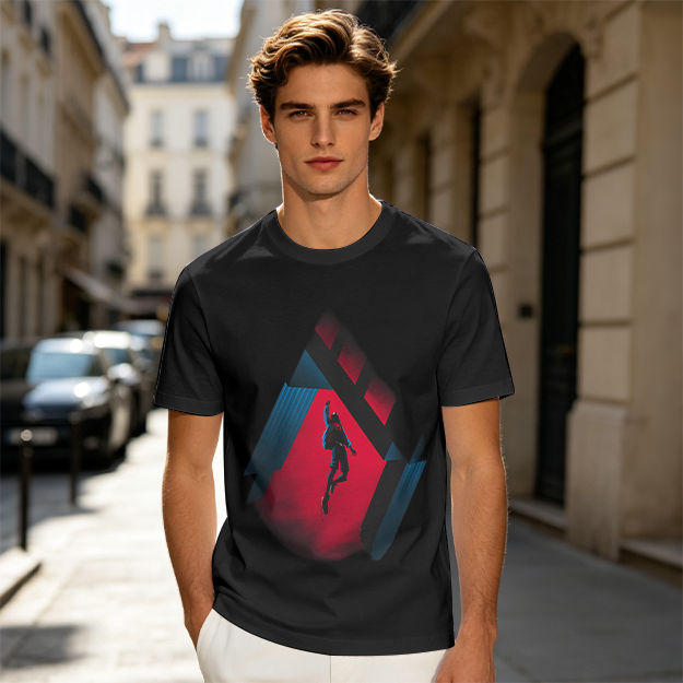 Olive T-shirt with Spider-Man mid-swing over city buildings