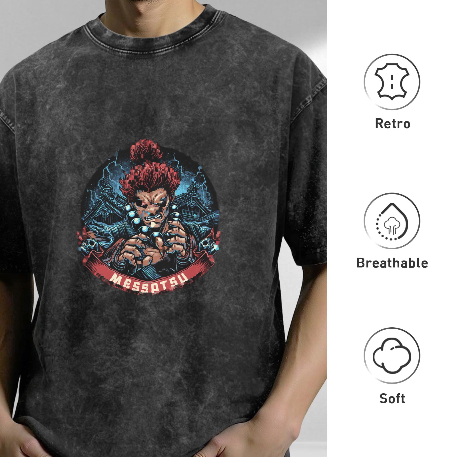 Oversized Dark Wash T-Shirt With Akuma Messatsu Graphic