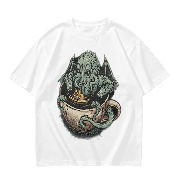 Cthulhu in a teacup with tiny ship graphic t-shirt