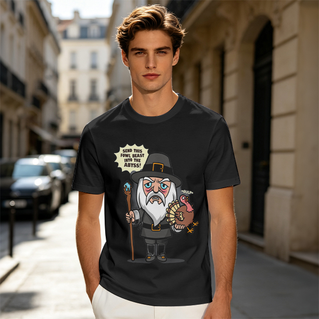 Wizard Pilgrim Holding Turkey Funny Thanksgiving T-Shirt Design