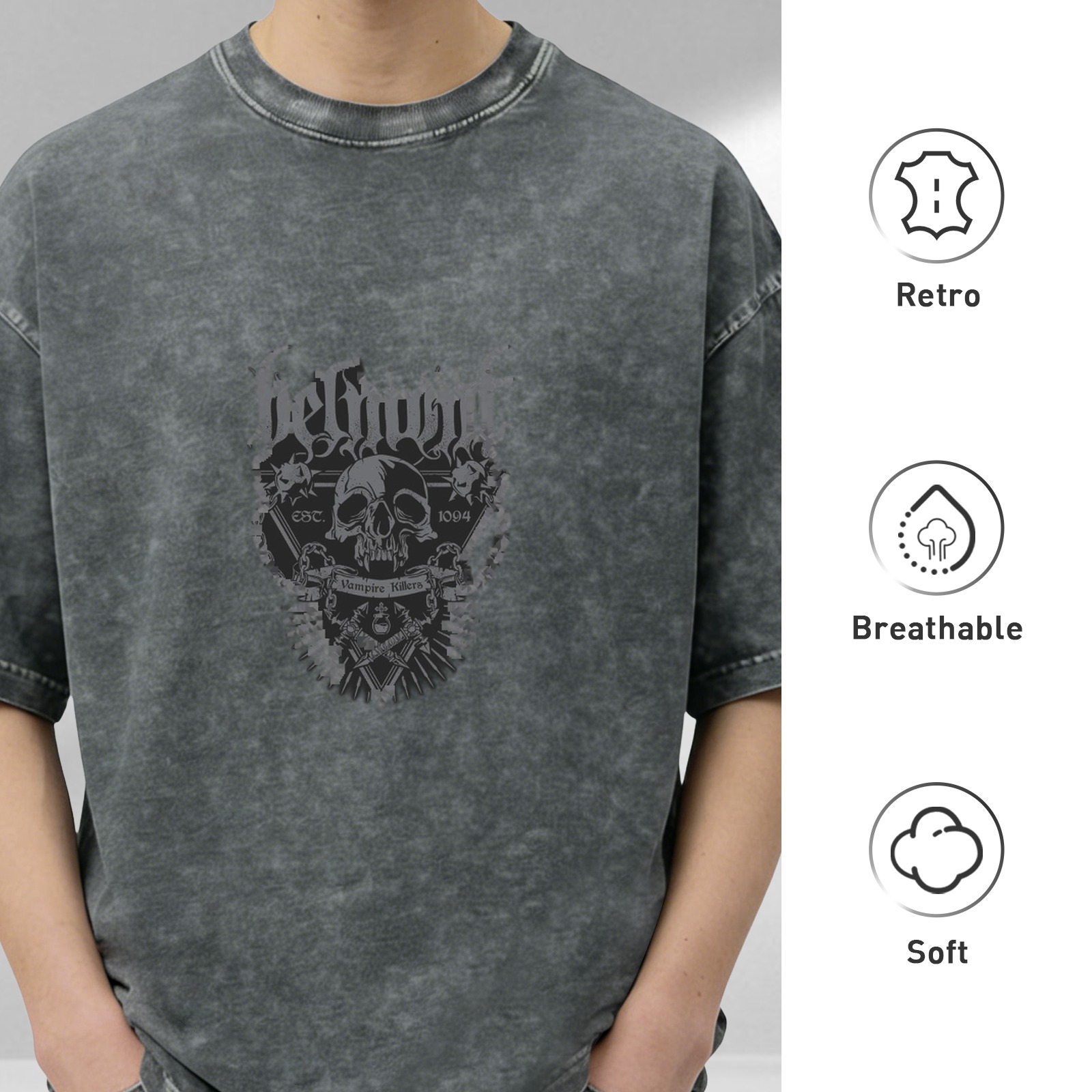 Distressed black and gray printed short-sleeved T-shirt Gothic skull pattern loose casual top