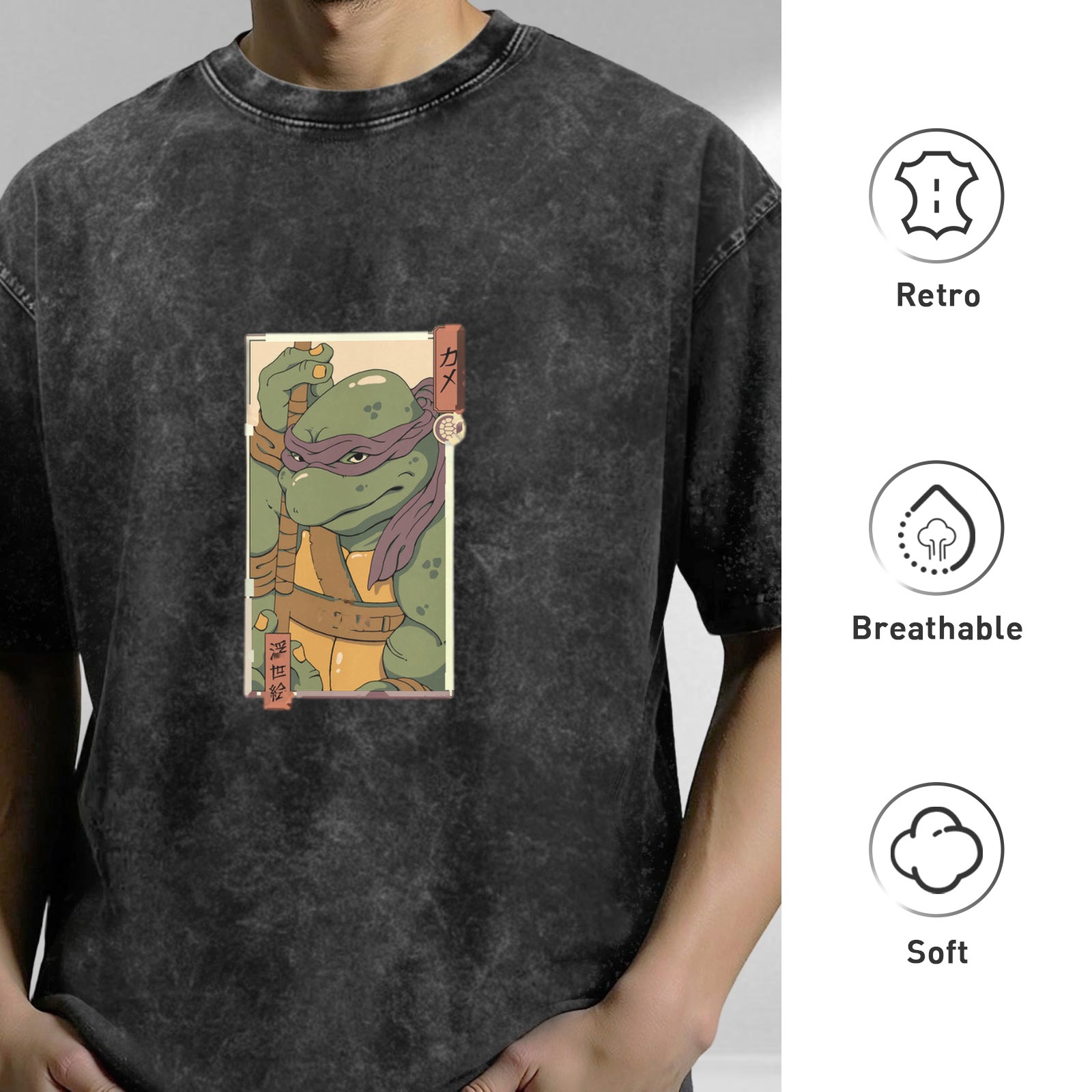 Washed Black Oversized T-Shirt with Purple Mask Ninja Turtle Graphic