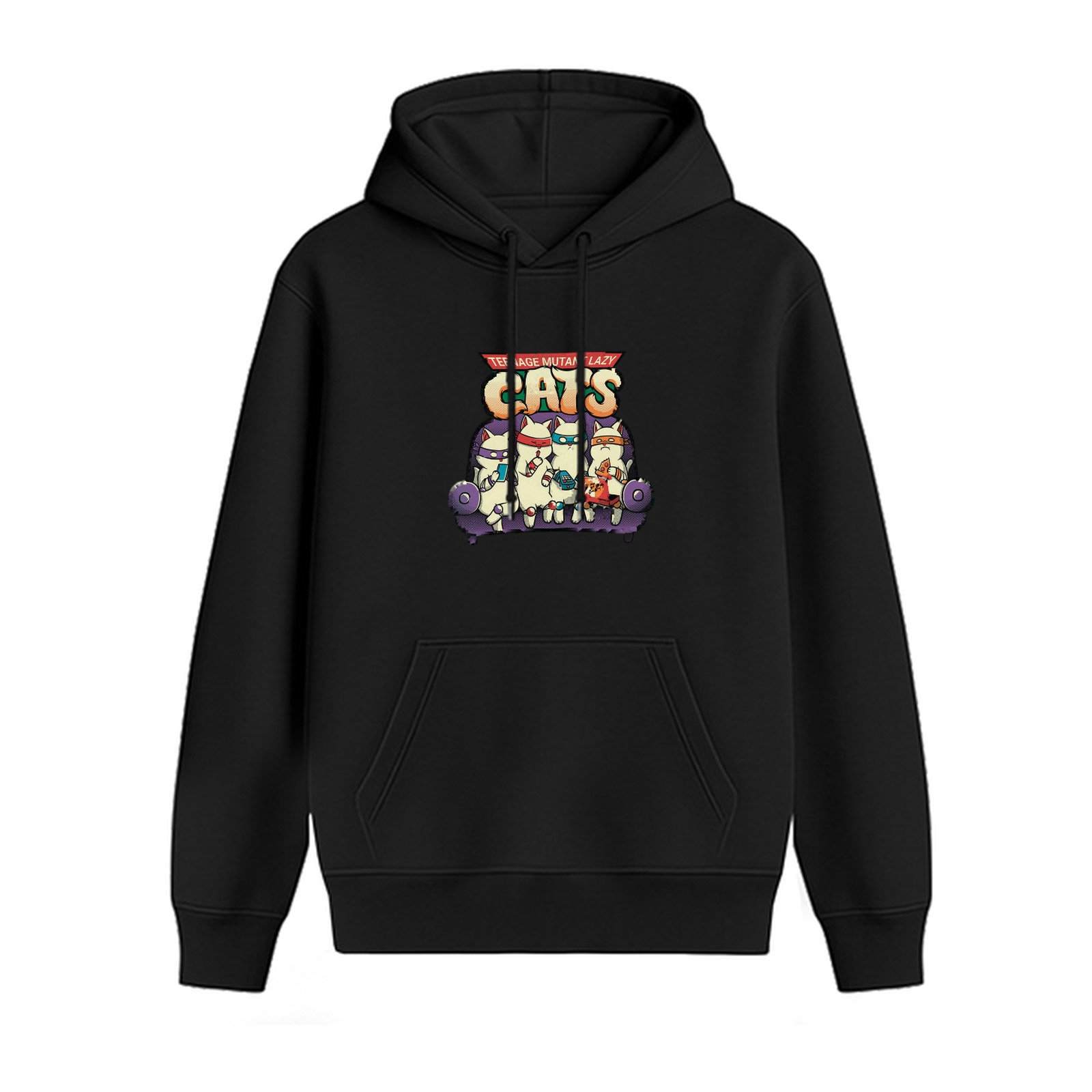Black Hoodie With Teenage Mutant Ninja Cats Graphic Print