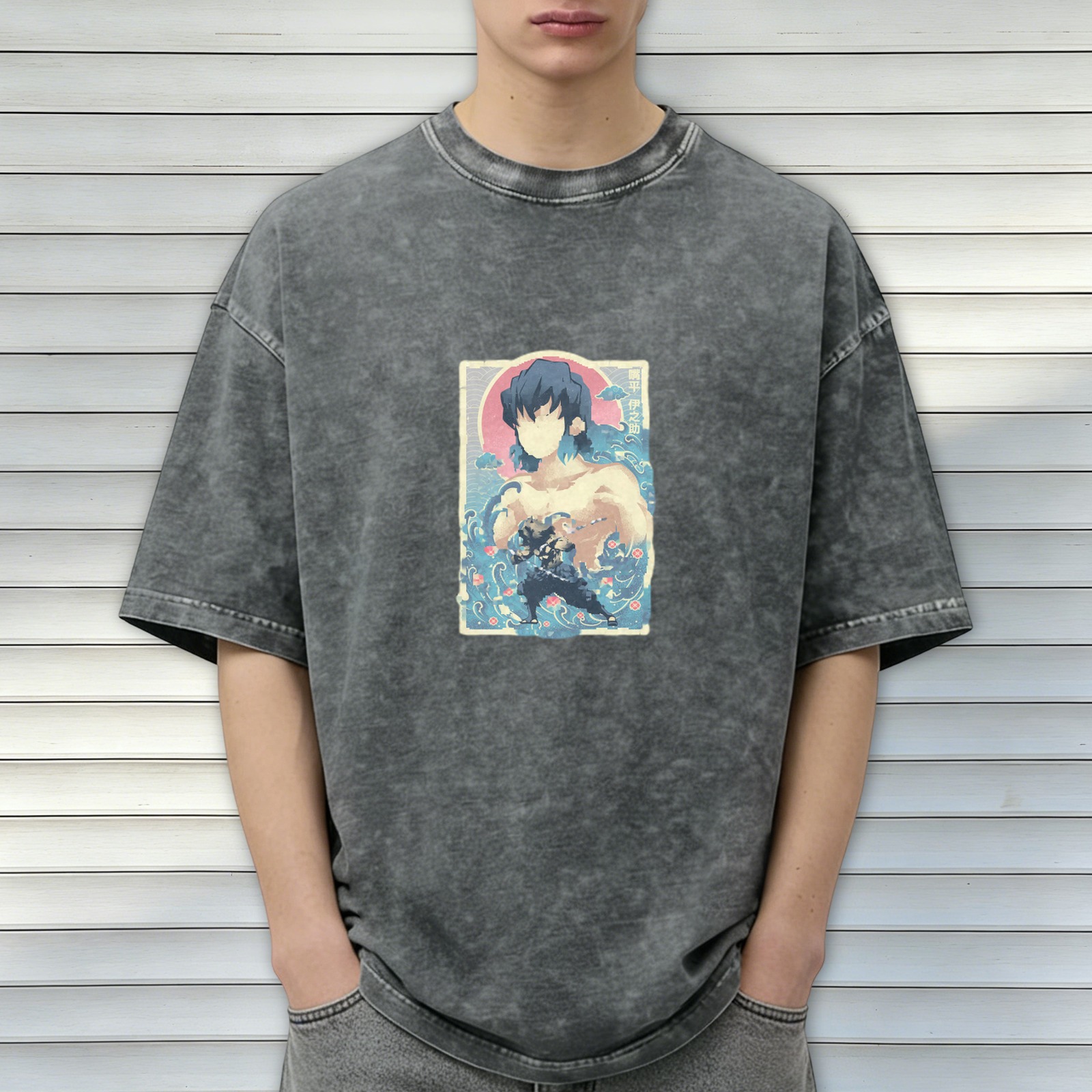 Oversized Acid Wash T-Shirt with Demon Slayer Inosuke Anime Graphic