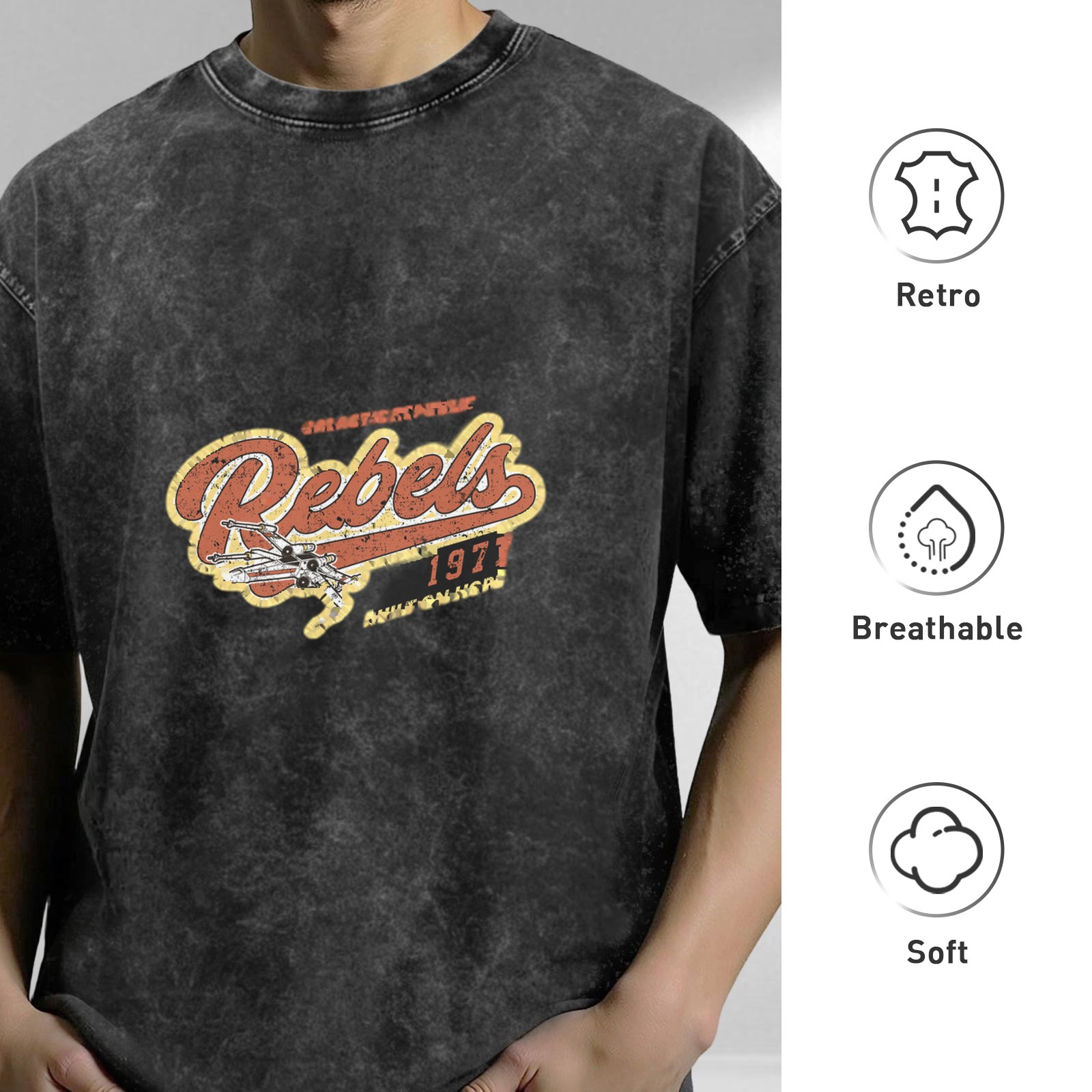 Distressed washed black Rebels theme printed loose short-sleeved T-shirt