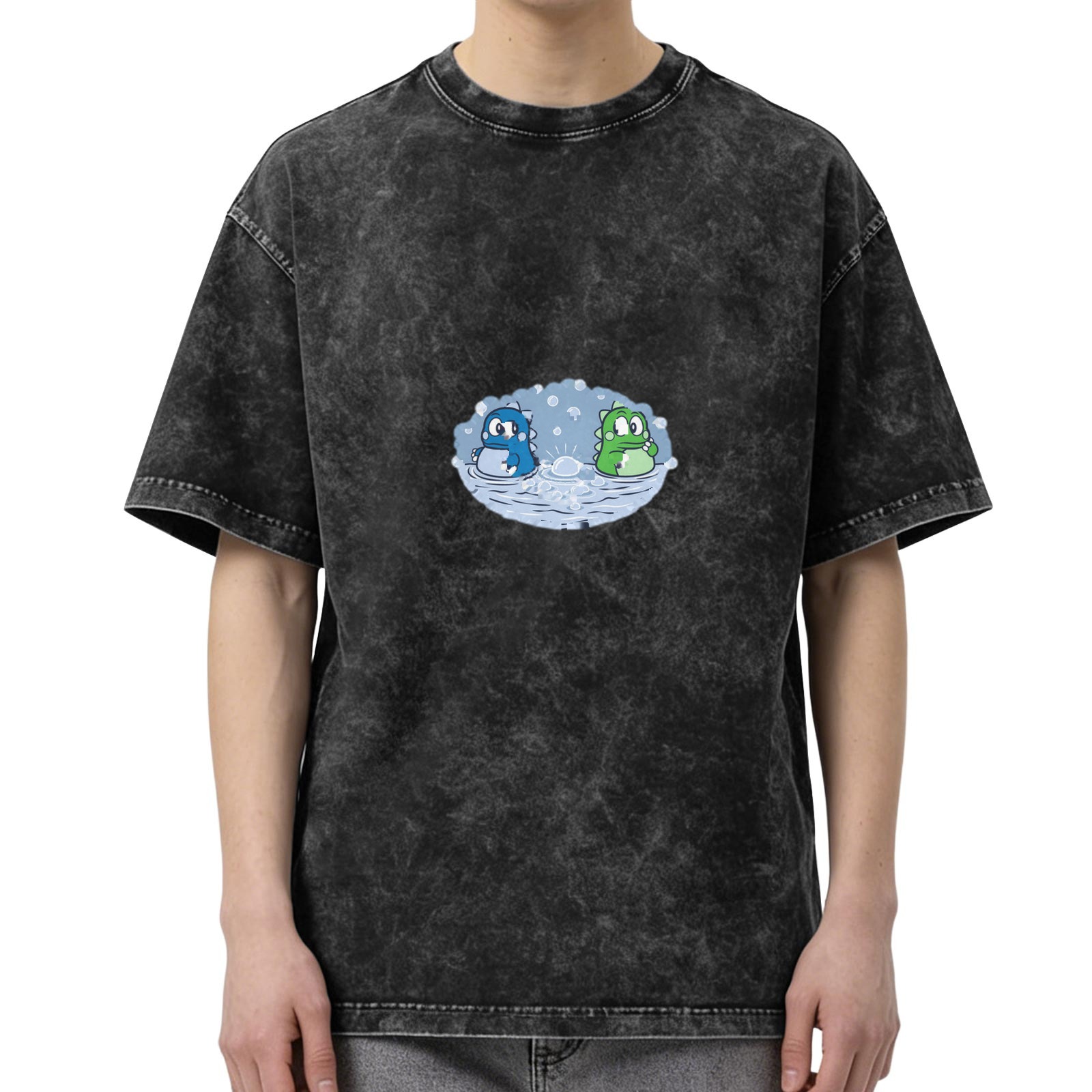 Oversized Black Acid Wash T-Shirt With Cute Cartoon Water Creature Print