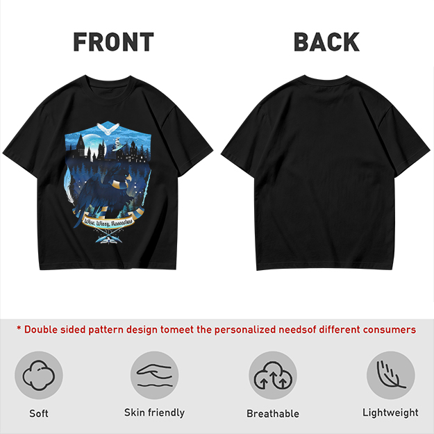 Olive t-shirt with Ravenclaw house crest night castle design