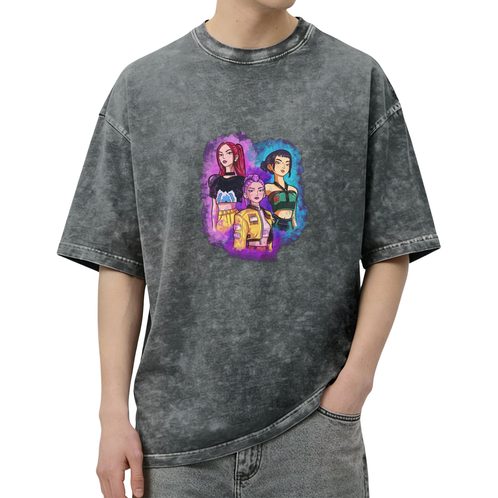 Oversized Acid Wash T-Shirt with Anime Girl Trio Graphic