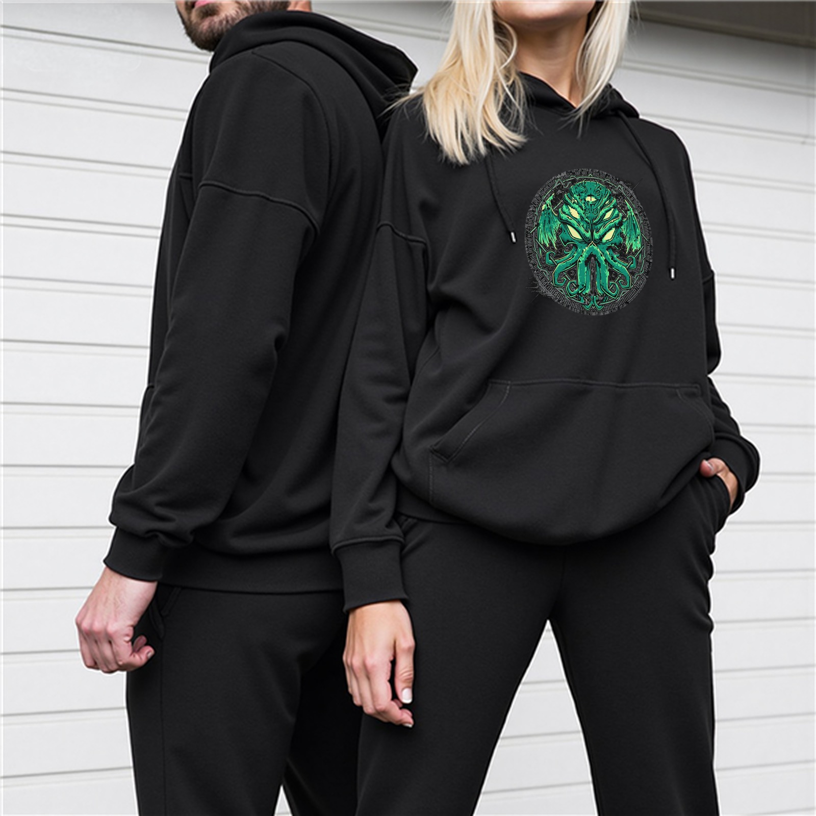 Black Hoodie With Green Cthulhu Monster Emblem Print