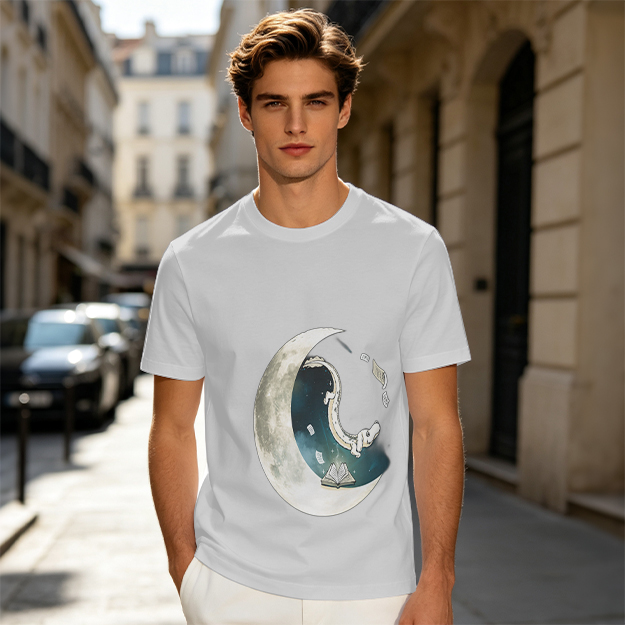 Olive T-shirt with Crescent Moon Galaxy Astronaut Graphic