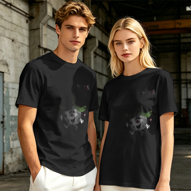 Olive green graphic t-shirt with playful cartoon character print