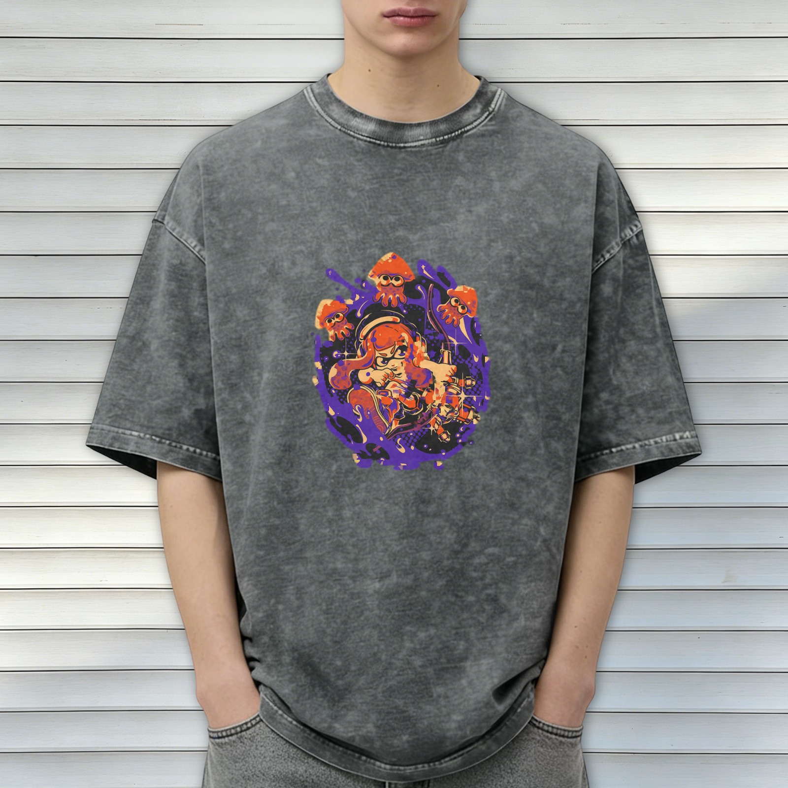 Washed black graphic t-shirt with Splatoon style inkling and squid design