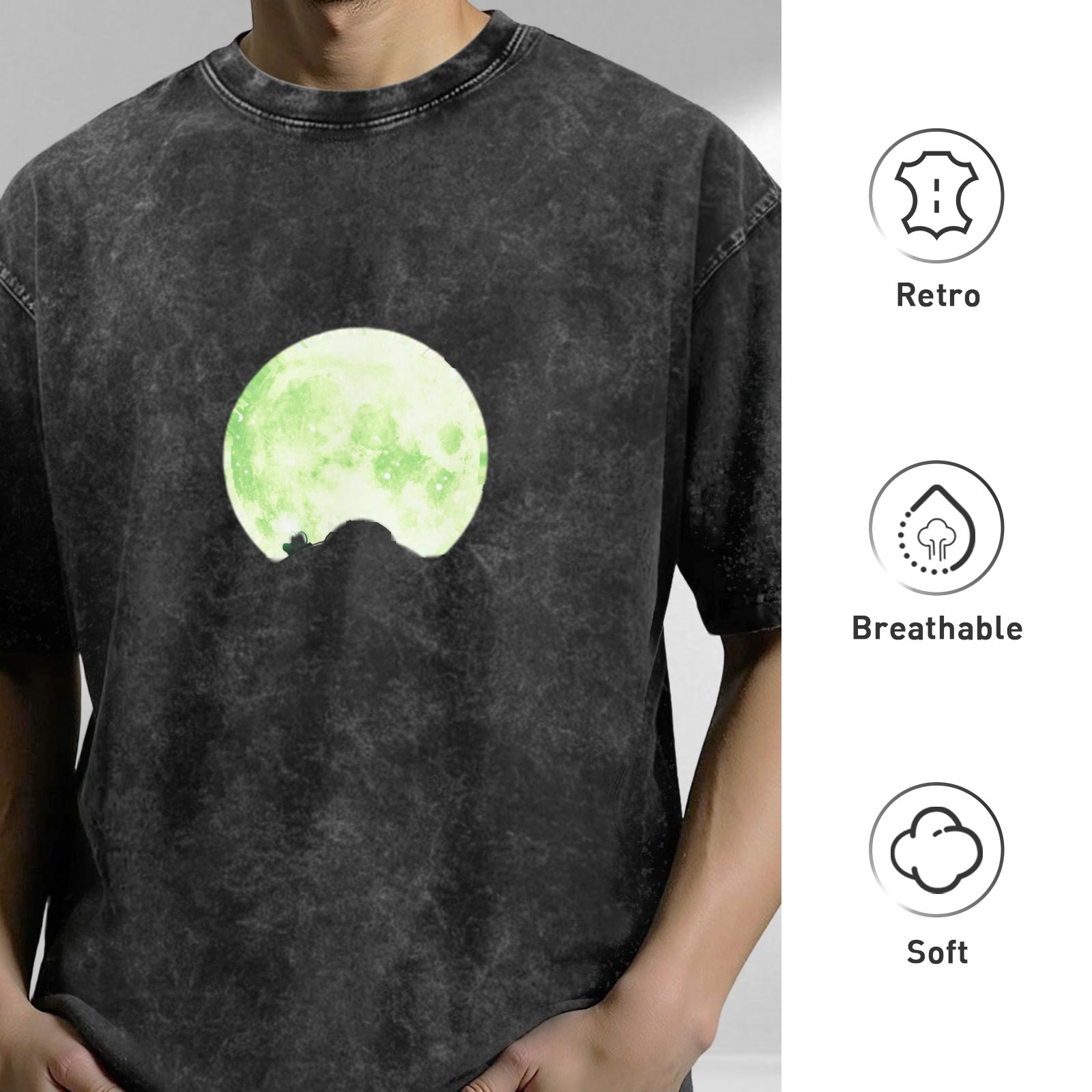 Oversized Acid Wash T-Shirt With Glowing Green Moon Print