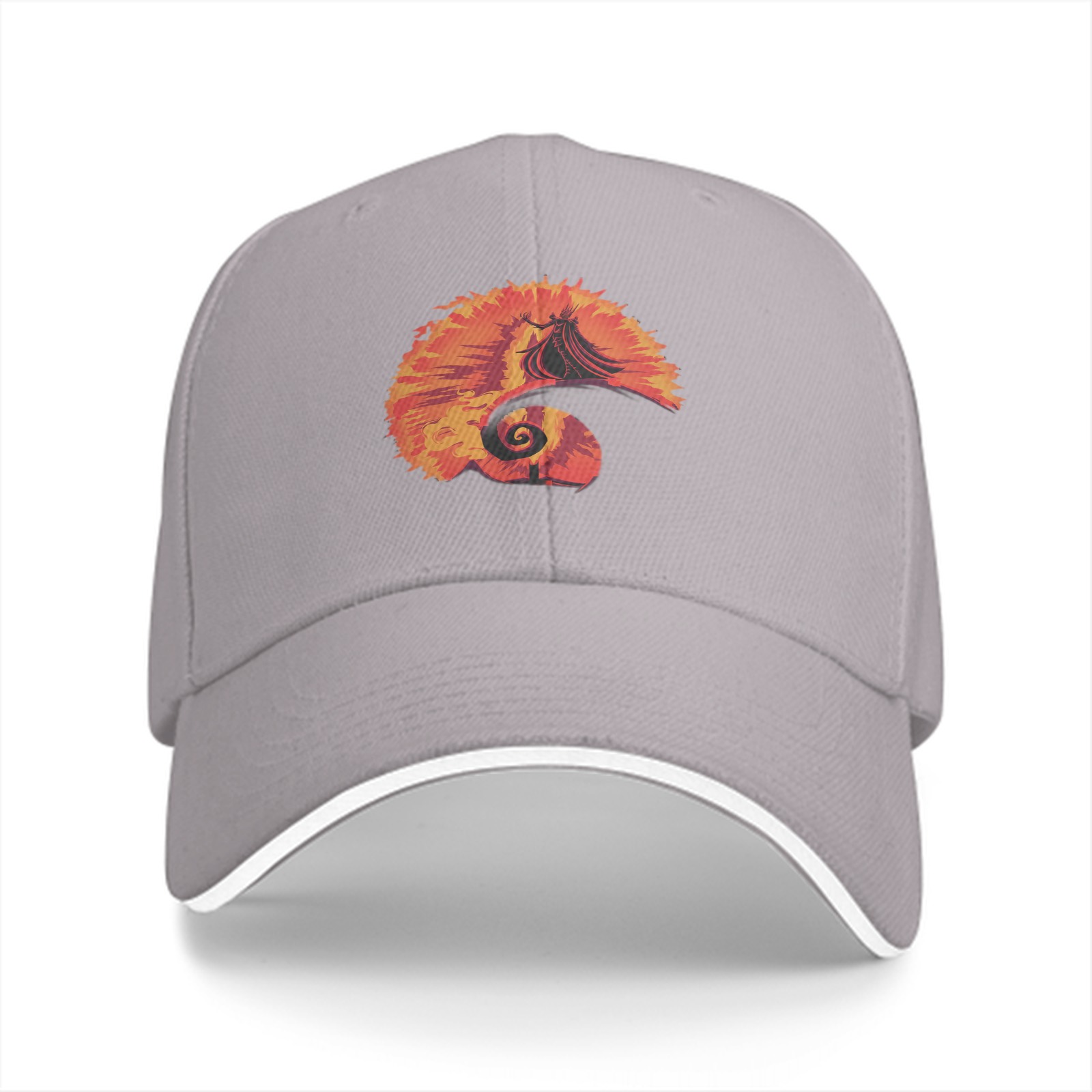 Black baseball cap with fiery spiral silhouette graphic