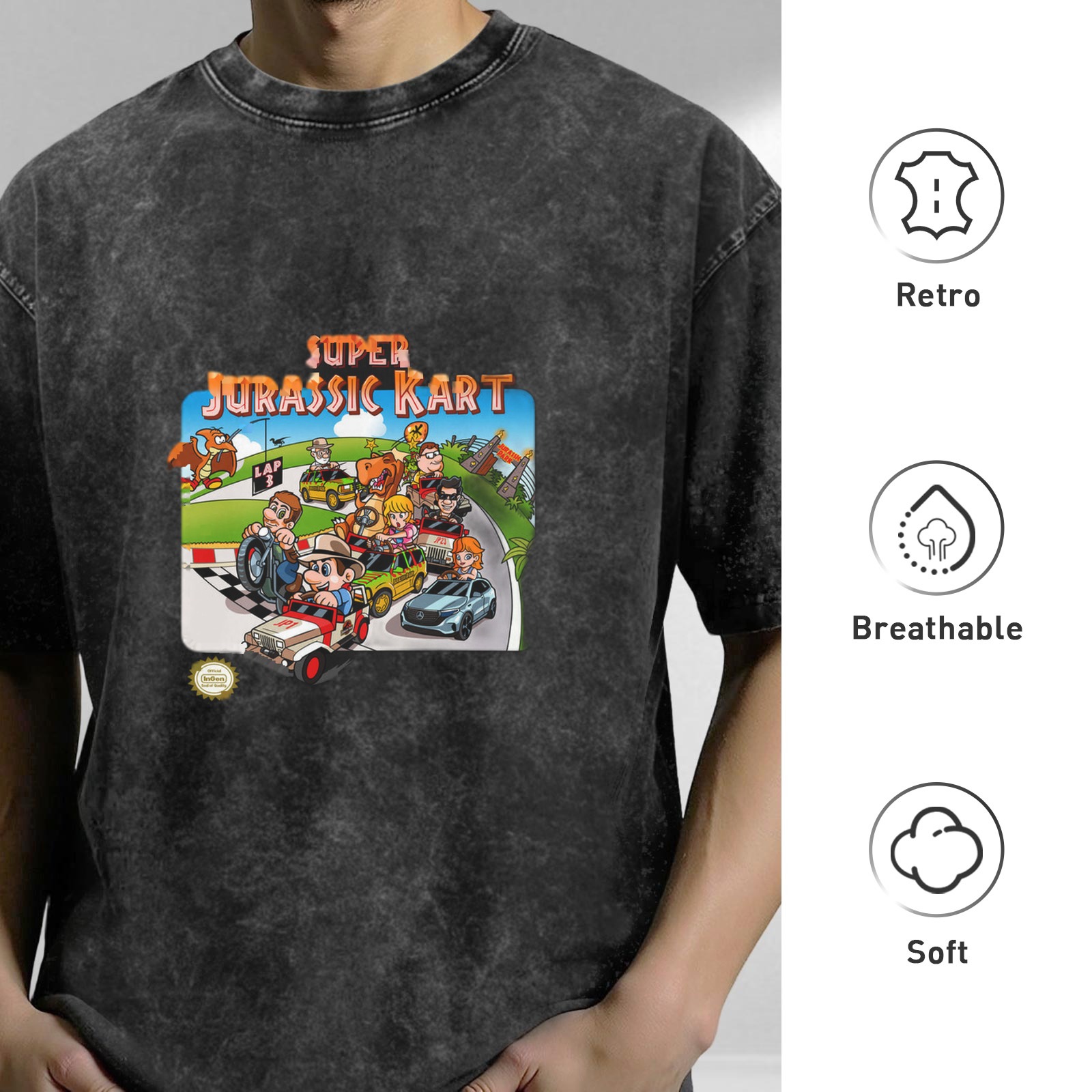 Super Jurassic Kart retro washed distressed printed short-sleeved T-shirt men's loose casual top