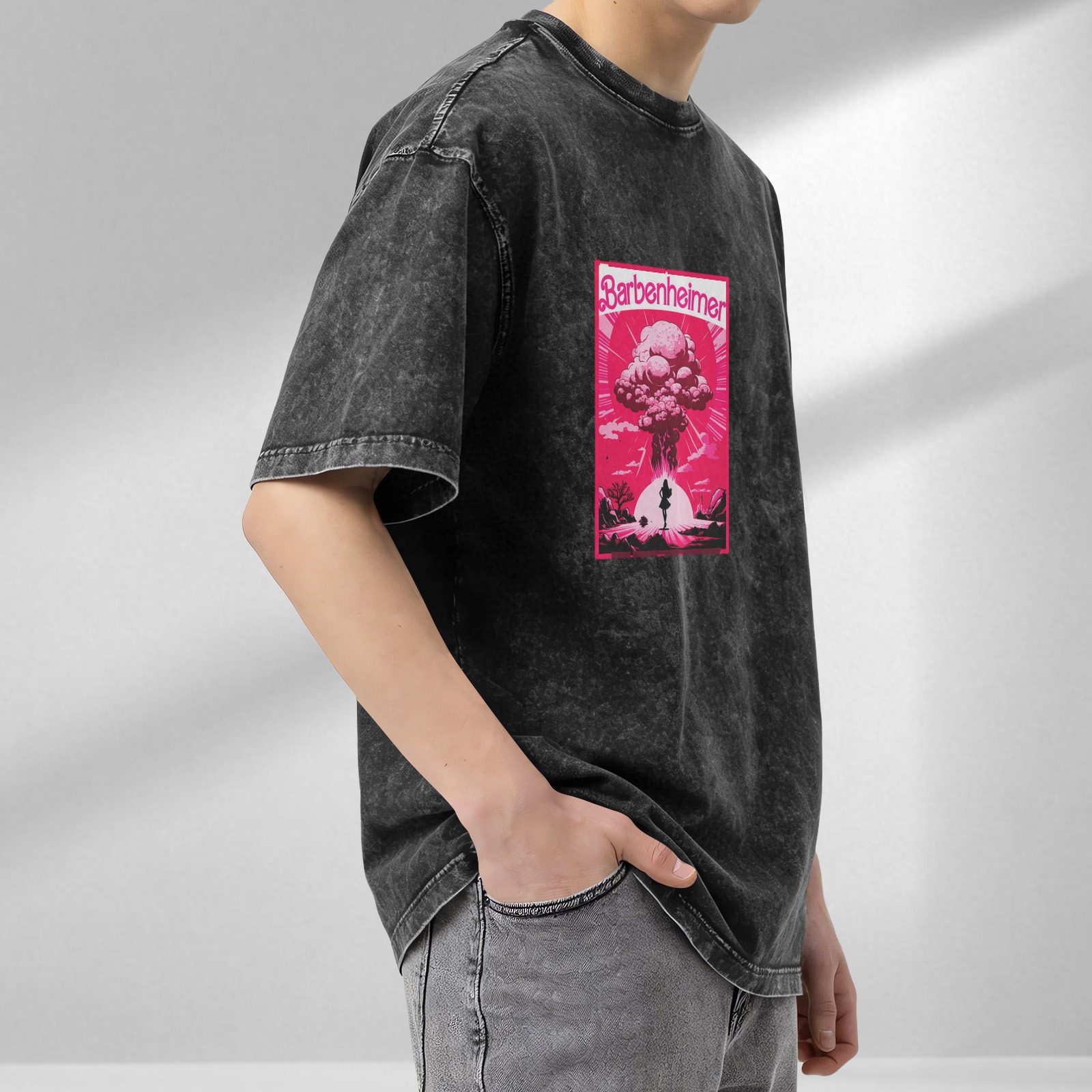 Barbenheimer Mushroom Cloud Graphic on Acid Wash Black T-Shirt