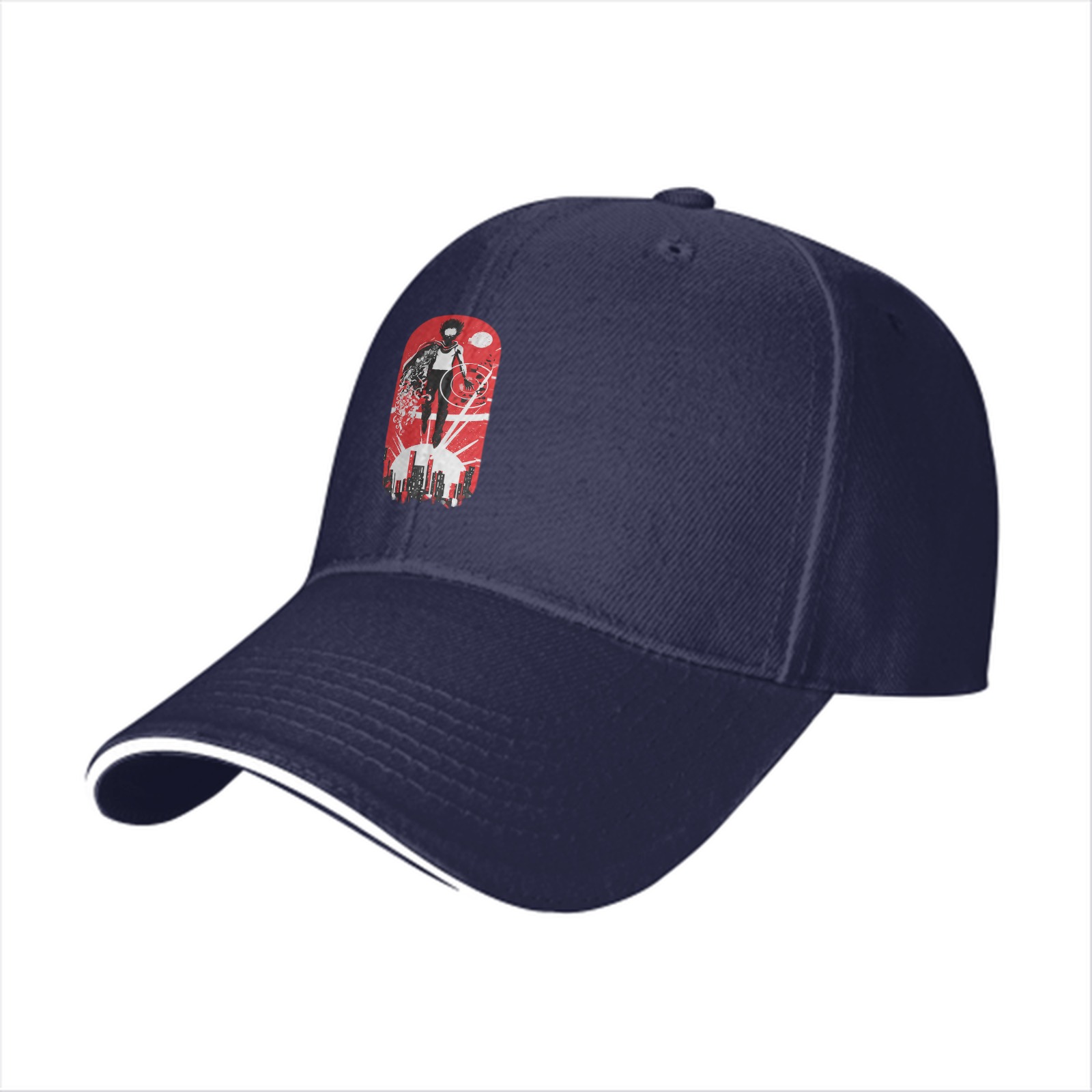 Black Baseball Cap with Superhero Cityscape Graphic Print