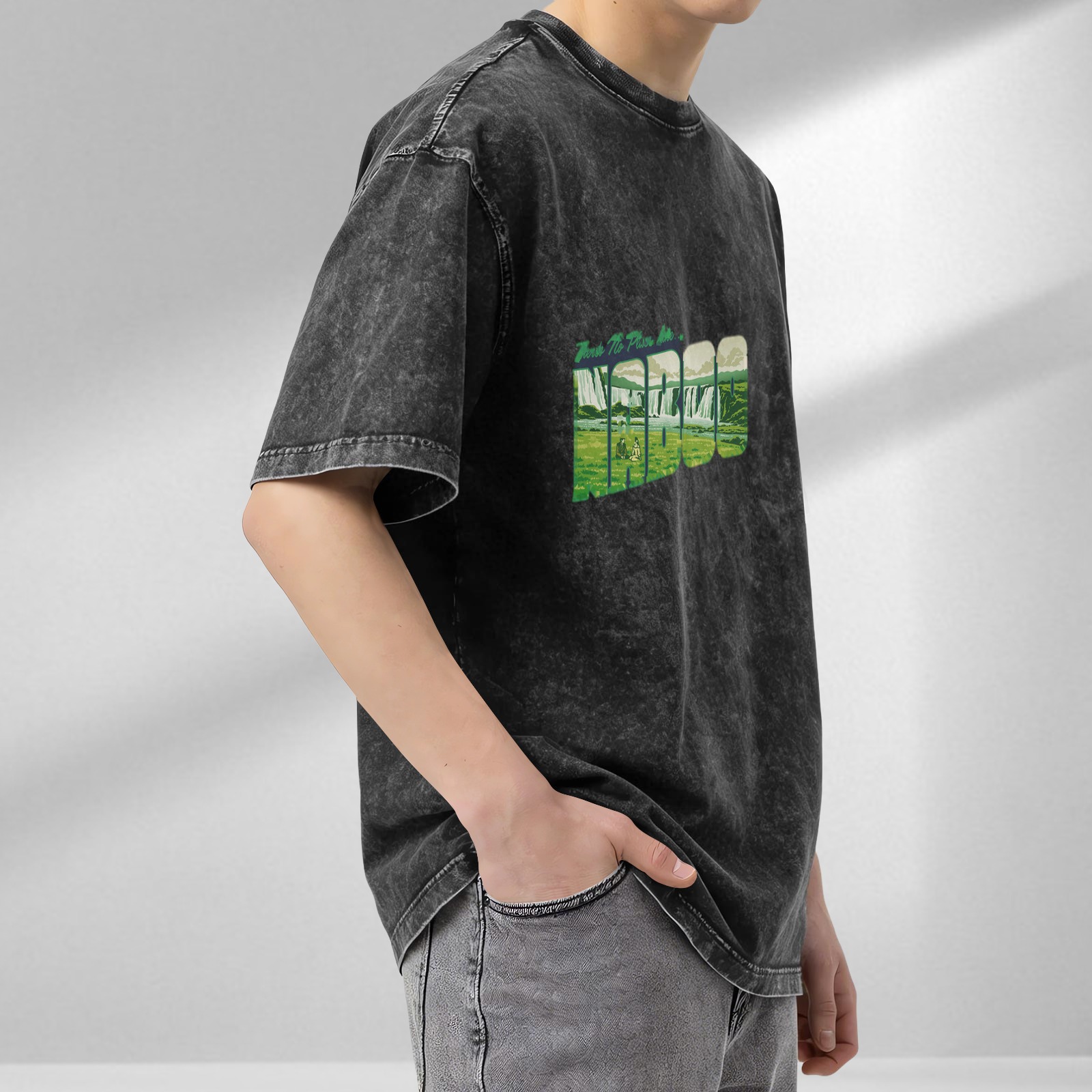 Oversized Acid Wash T-Shirt With Waterfall Landscape Graphic