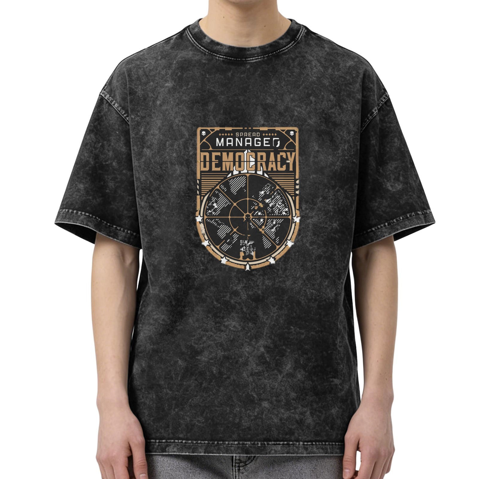 Oversized Acid Wash T-Shirt With Spread Managed Democracy Graphic