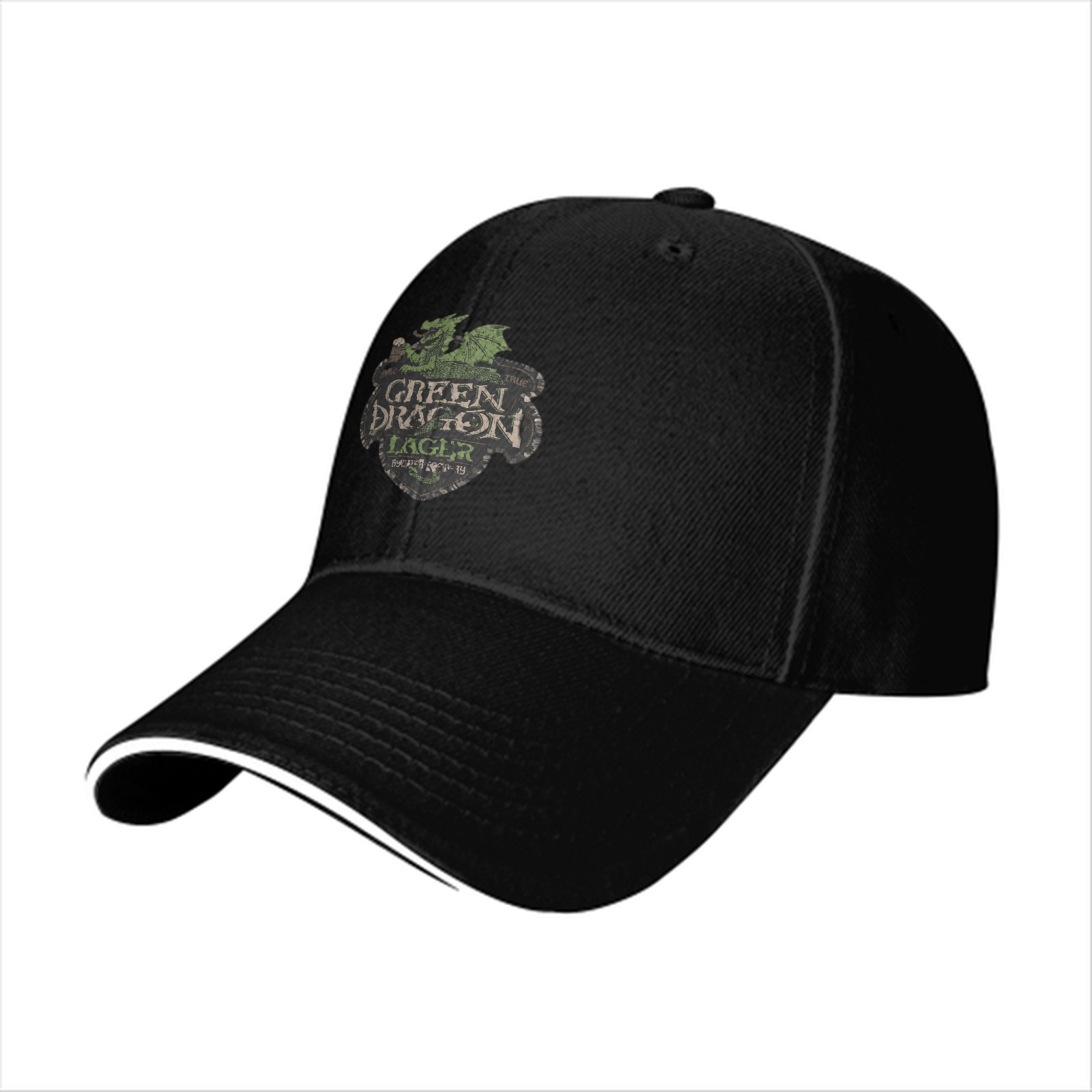 Black baseball cap with Green Dragon Lager graphic print