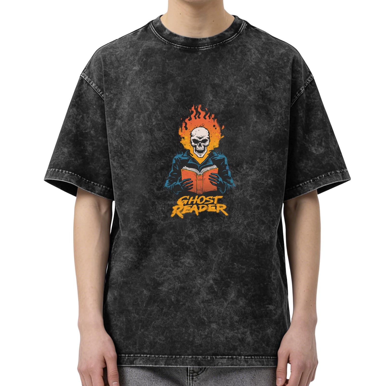 Oversized Acid Wash T-Shirt With Ghost Reader Skull Flame Print