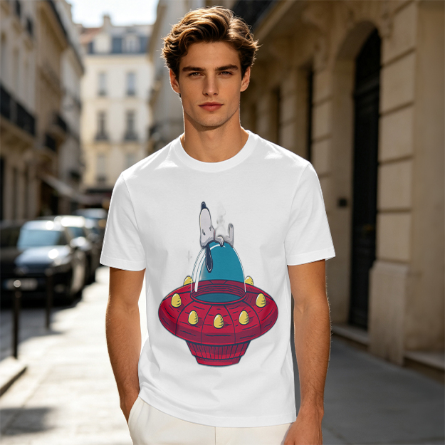 Olive T-Shirt Featuring Snoopy Relaxing in a Red UFO