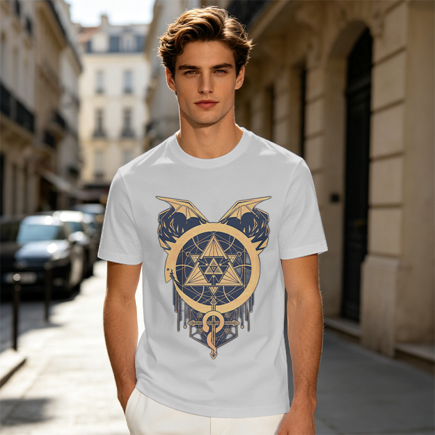 Olive T-Shirt with Occult Dragon Triangle Symbol Print