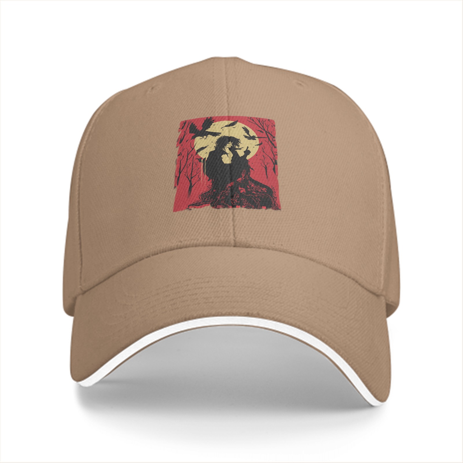 Black Baseball Cap With Red Moon Crow Silhouette Graphic