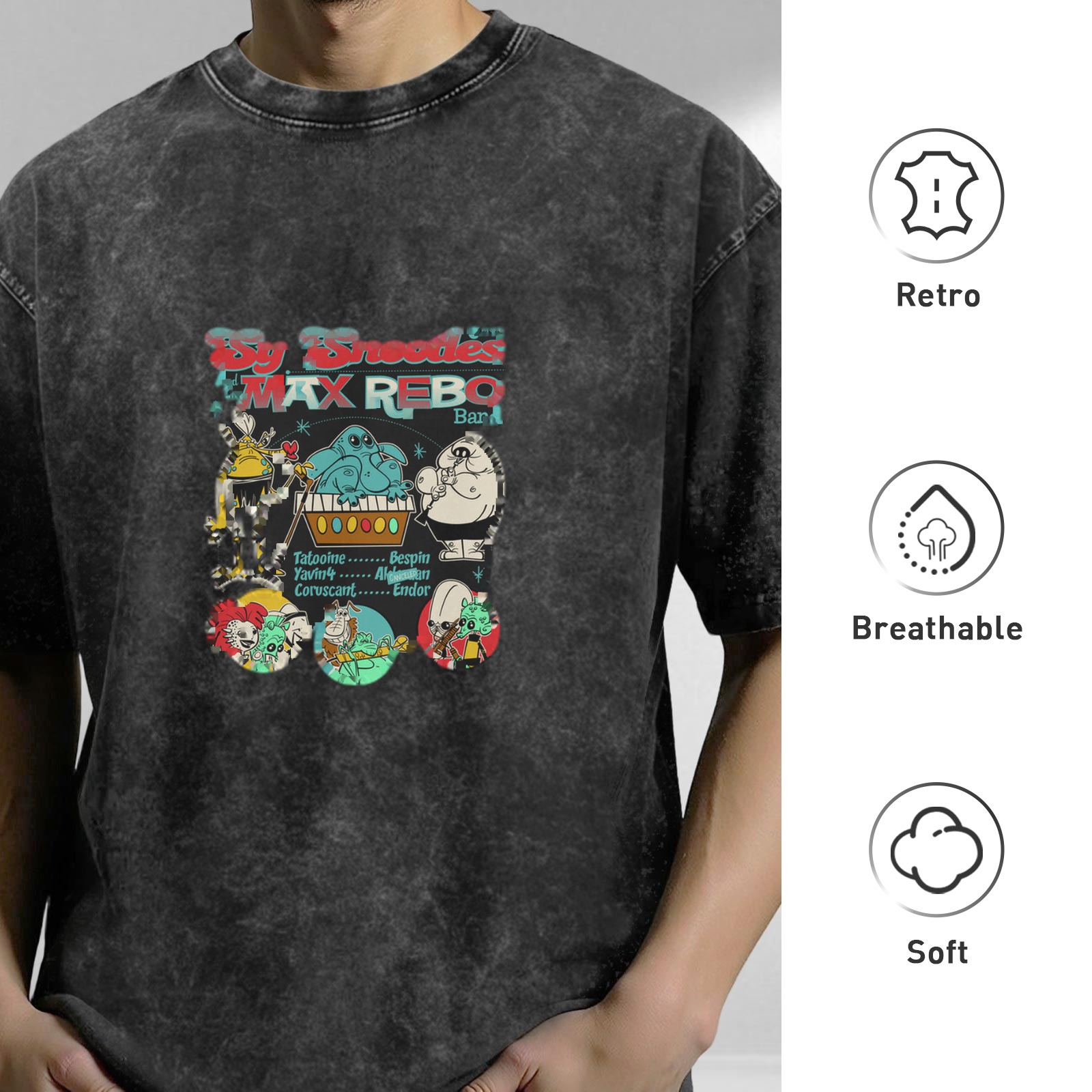 Retro washed black short-sleeved T-shirt Star Wars themed Max Rebo band printed distressed top