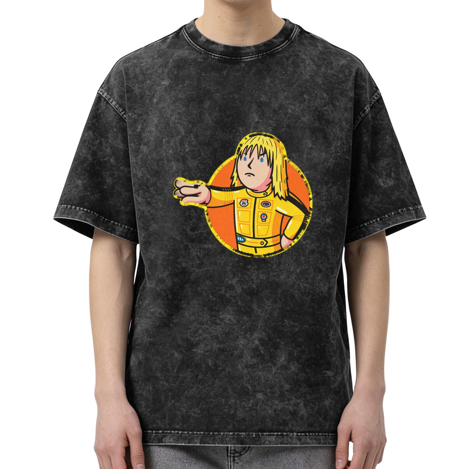Oversized dark washed t-shirt with cartoon action figure graphic