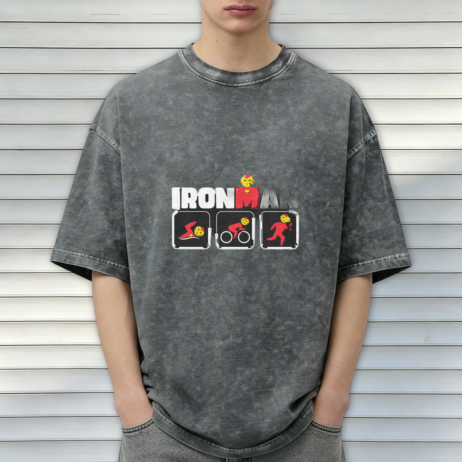 Ironman Triathlon Themed Acid Wash Cotton T-Shirt