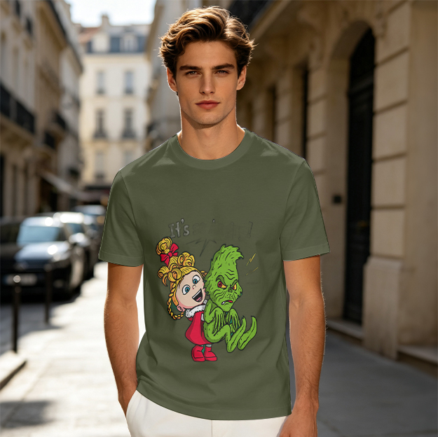 Olive green t-shirt with Cindy Lou Who and Grinch graphic