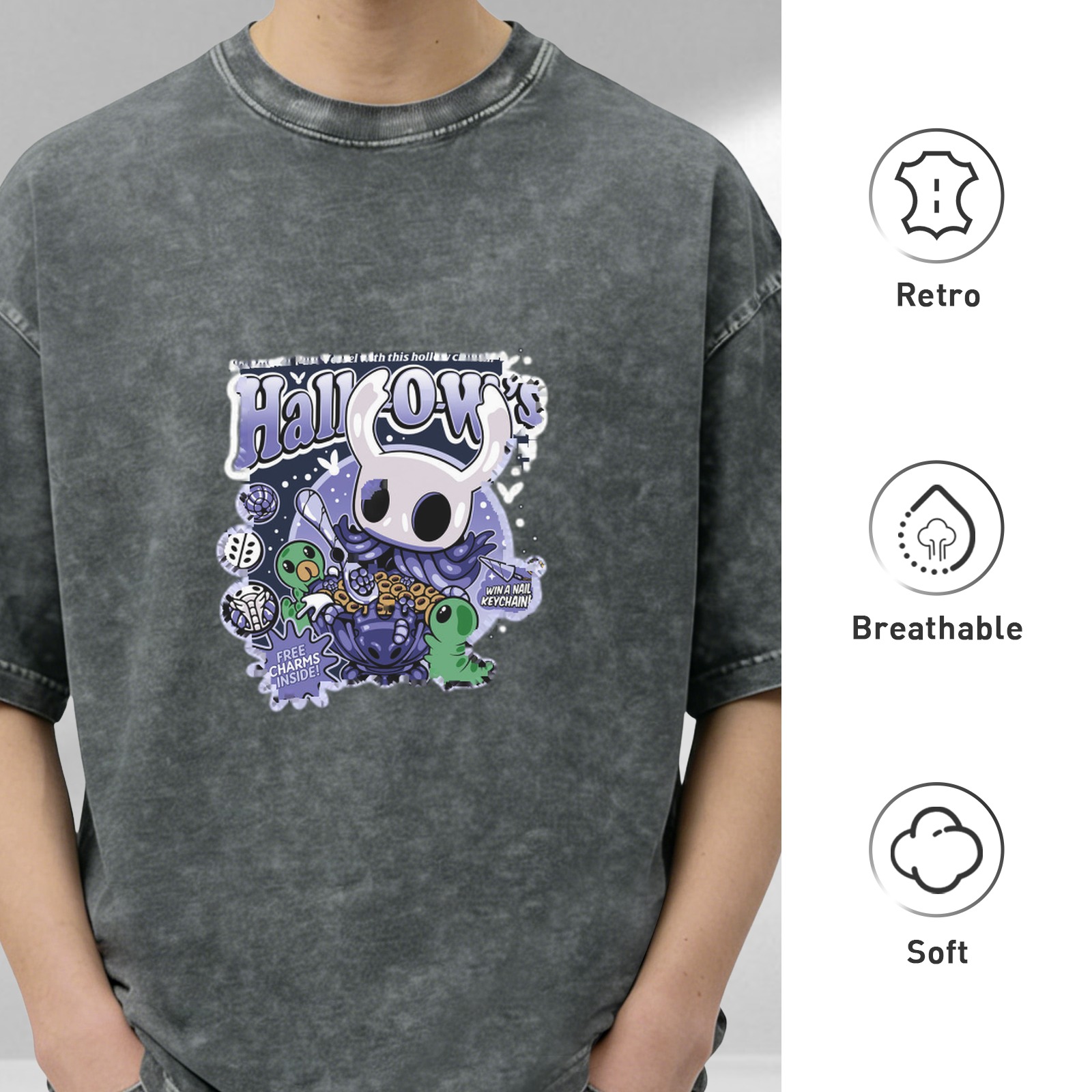 Hollow Knight themed washed distressed short-sleeved T-shirt dark style loose casual top