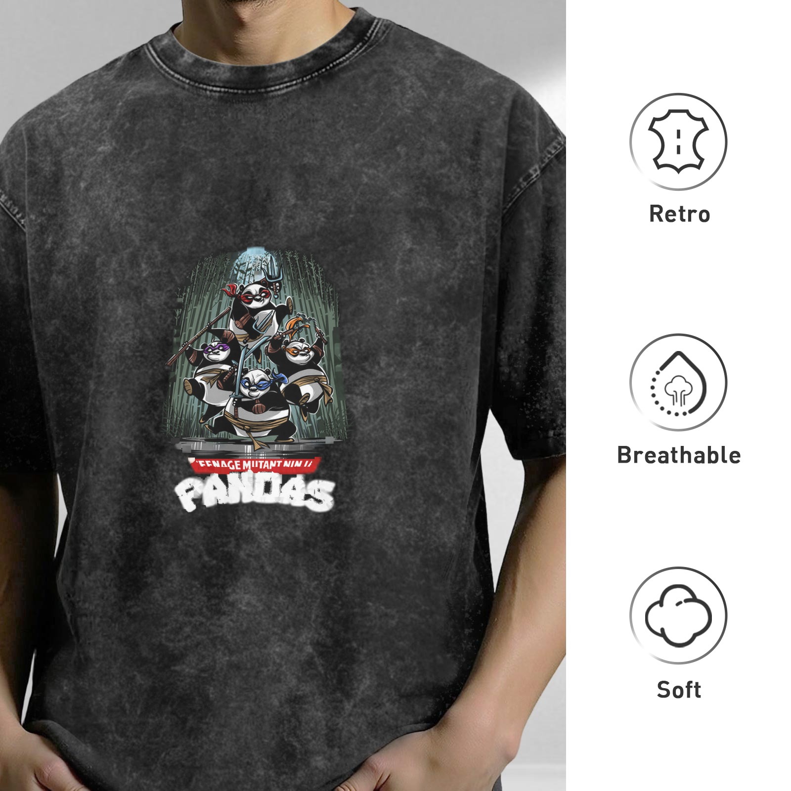 Oversized Washed Black T-Shirt with Teenage Mutant Ninja Pandas Graphic Print