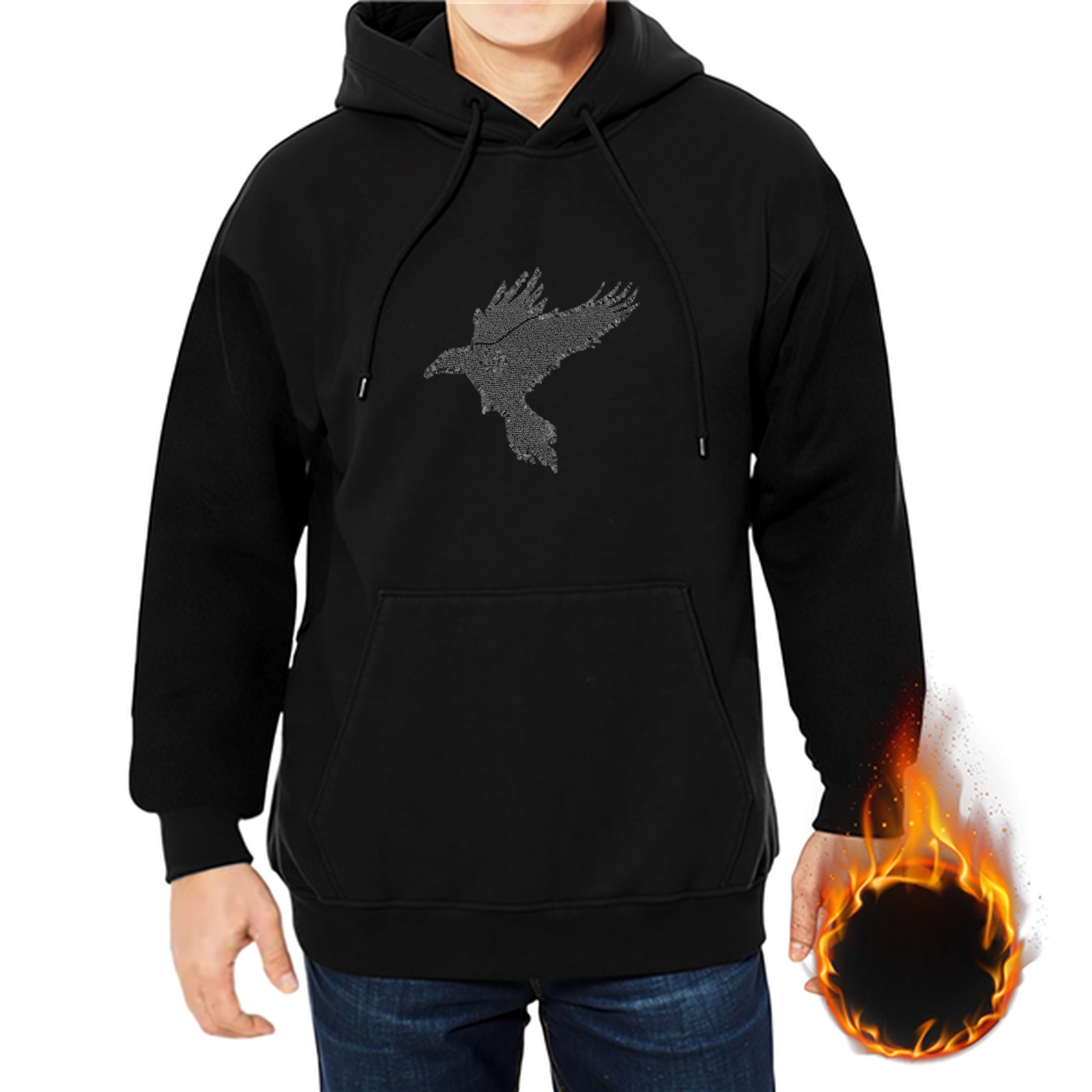 Black Hoodie With Flying Raven Graphic Print
