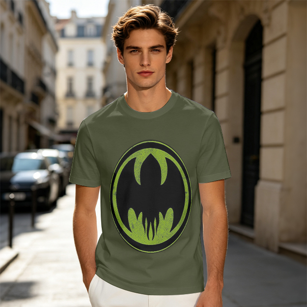 Olive T-Shirt with Distressed Green and Black Bat Symbol Graphic