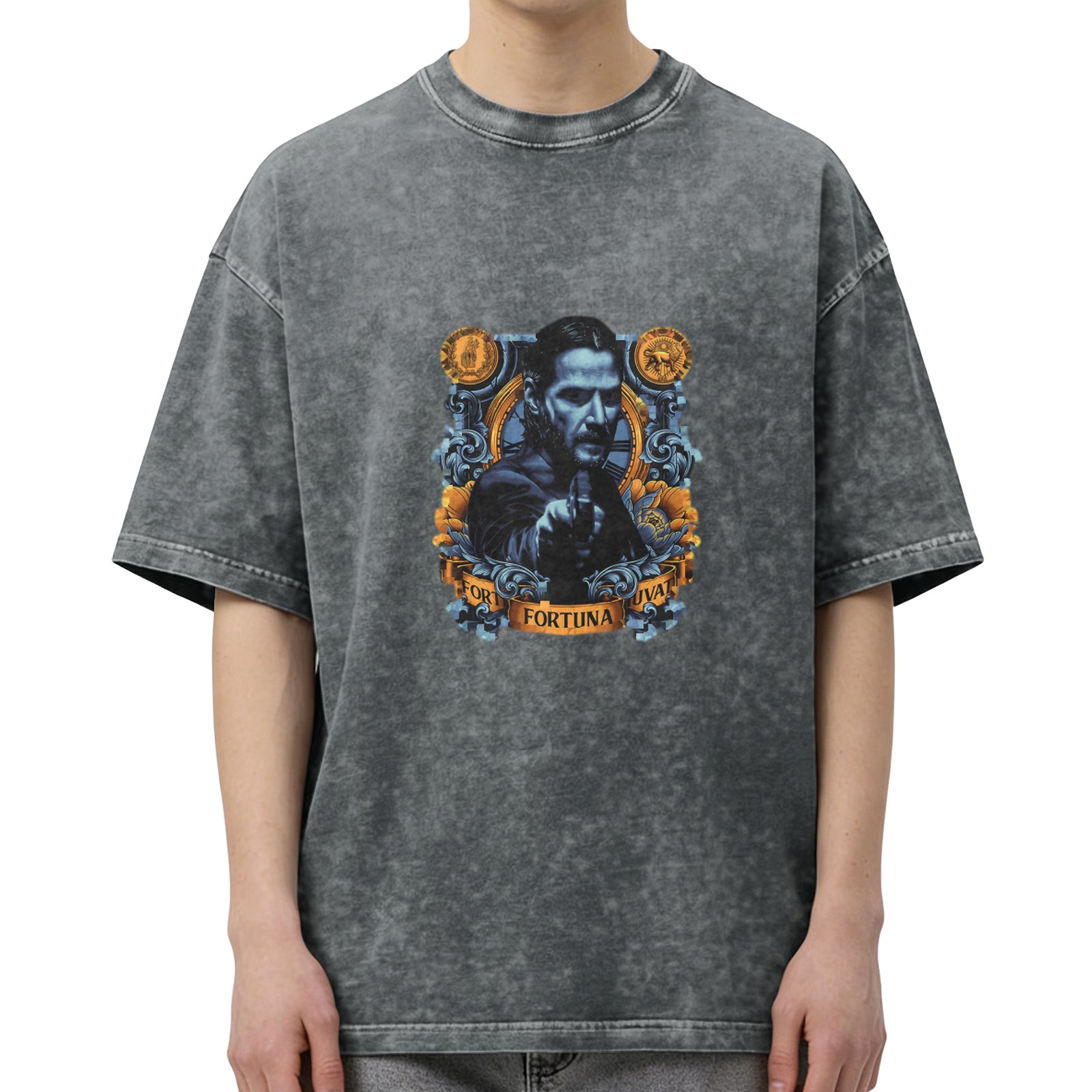 Washed Black T-Shirt With Fortuna Themed Portrait Print