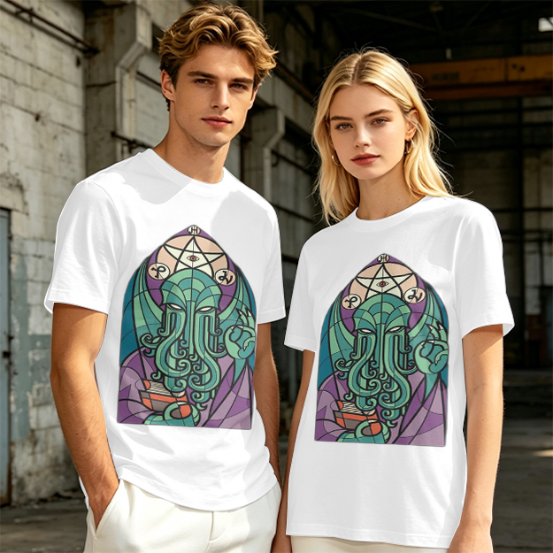 Olive T-Shirt with Stained Glass Style Cthulhu Occult Print