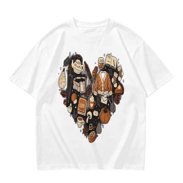 Olive Green T-Shirt With Fall Themed Heart Shaped Graphic