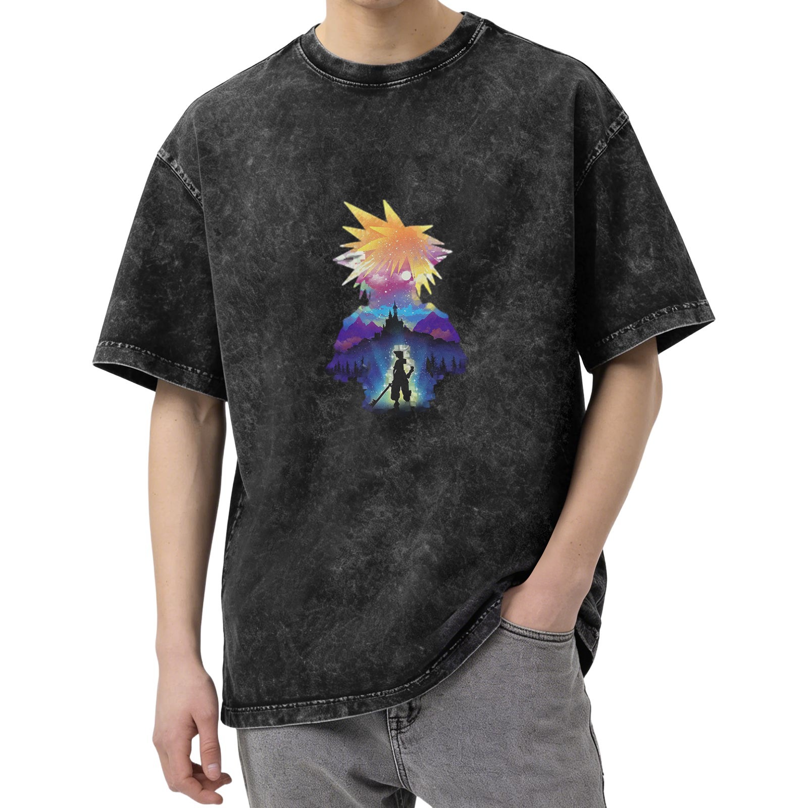 Final Fantasy themed distressed printed short-sleeved T-shirt