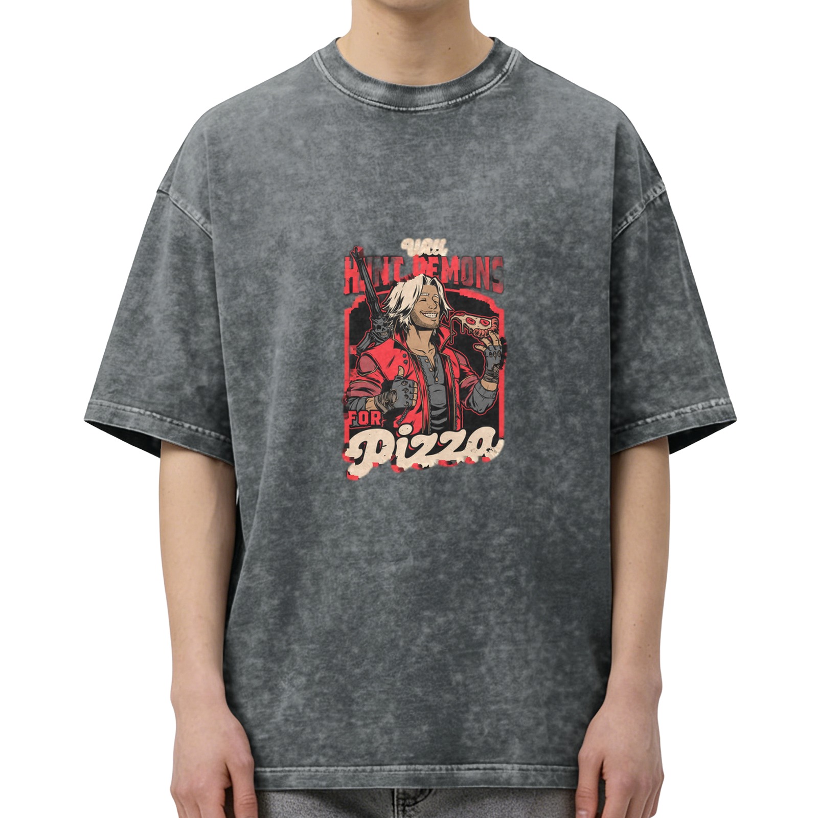 Devil May Cry Dante 'Hunt Demons For Pizza' Graphic Stone Wash T-Shirt