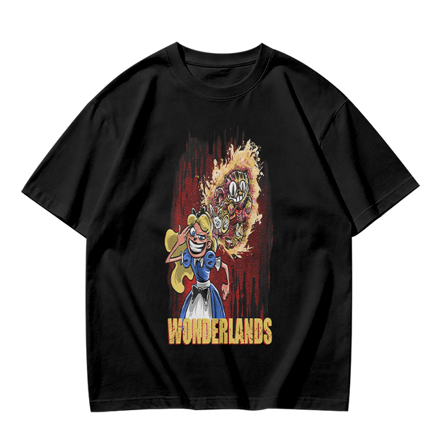 Olive Graphic Tee With Dark Wonderland Themed Cartoon Print
