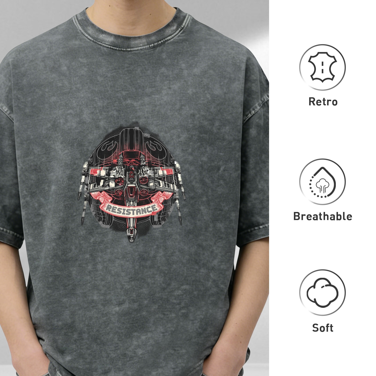 Washed Black Oversized T-Shirt With Resistance Star Wars Ship Graphic