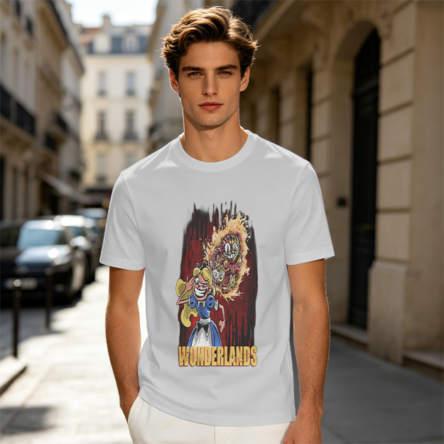 Olive Graphic Tee With Dark Wonderland Themed Cartoon Print