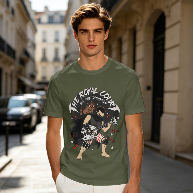 Olive graphic tee with royal court vs dungeon metal rock design